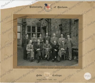 Photograph of the staff of Bede College, 1947
Standing: F.G. Dyer, J.K. Powell, R.H. Dawson-Walker, J.B. Hannah, G.E. Selby, W.P Binding, W.A. Grier;  seated: C.R. Wheatley, Principal, Vice-Principal