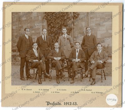Photograph of Bede College prefects, 1912/13
Back row: C.W. Browell, R.H. Stafford, C.H. Crabbe, W.E. Marshall; front row: A. Selkirk, J.S. Wilson, J.D. Jarvis, G.A. Wilkinson.
See also E/HB 2/927(1