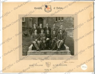 Photograph of altar servers, 1928/29
Back row: J. Woodrow, J. Morton, [ ] Hughes, J.H. Thomas, W. Robertson; front row: W. Marsh, G. Harmer, Principal, J.Y. Hollaner, E.C. Charlton