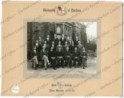 Photograph of altar servers, 1931/32
Back row: J.W.E. Ross, R. Sewell, F. Raine, H. Thorpe, J.N. Lowe, W. Brunkskill; middle row: E.W. Short, L.H. Patterson, O. Dobinson, J.T. Stonier, A.V. Rickett, 