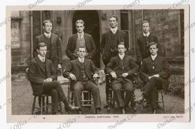 Captains, 1910[/11]:   back row: W. Temple (running), R.H. Wilkinson (hockey), R.H. Robson (boating), J. Capstick (swimming);   front row: J. Shiach (rugby), C. Pratt (cricket), W. Dodds (tennis), J.W