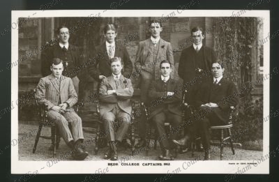 Captains, 19[11/]12: no names [back row: F. Jackson (tennis), H.L. Bradley (boats), E.C. Goldsbrough (football);   front row: P.Cash (swimming), S.J. Gowland (cricket), F. Smith (rugby), J.M. Hall (ru