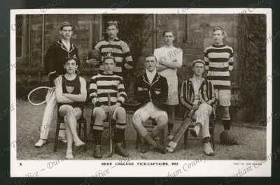 Vice-captains, 19[11/]12: no names [back row:  W. Wood (tennis), J. Hall (rugby), G. Guy (running), W. Holmes (football);   front row: M.C. Bell (swimming), R.R. Corker (hockey), J.H. Atkinson (boats)