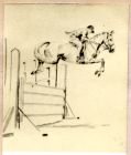 Photograph [taken by a German photographer] of a drawing of a horse and rider jumping a fence, by John Oldfield, 1943