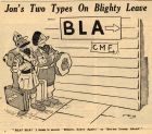 Newspaper cartoon captioned Jon's Two Types On Blighty Leave, from Eighth Army News, c.1945