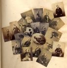 Arrangement of twenty one photographs of unidentified people, c.1860