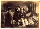 Print of a group of five people in a carriage, captioned Second Class, c.1860