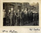 Photograph of soldiers of the 6th Battalion The Durham Light Infantry outside their billets in Bensham, Gateshead, captioned: No. 13 Platoon, Sgt. Coates n.d. [1914 - 1915]
