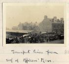 Photograph of wagons and animals of Battalion Transport in the streets of Bensham, Gateshead, captioned: Transport lines from roof of officers' mess , n.d. [1914 - 1915]