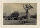 Photograph of a farmyard with soldiers relaxing, captioned: The farm, with a (temporarily) peaceful inhabitant June 4 - 15 , Belgium, June 1915