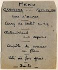Daily mess menu, hand written on card, Graudenz, West Prussia, Germany, 13 September 1918