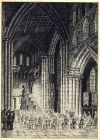 Print of an ink drawing of the congregation seated inside Hexham Abbey, Northumberland, [for a special service of thanksgiving], 17 November 1946