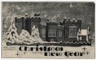 Postcard drawing of Featherstone Castle, Northumberland, containing Christmas greetings, from F. [Ferdinand] Heim, camp spokesman, and the prisoners of war of Camp No. 18, Featherstone Park, Haltwhist