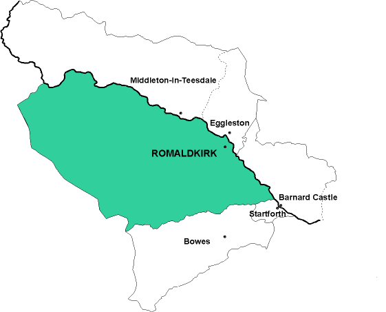 Map showing parishes adjacent to Romaldkirk St. Romald