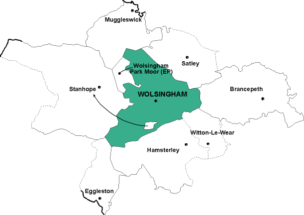 Map showing parishes adjacent to Wolsingham St. Mary and St. Stephen