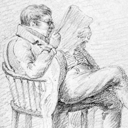 Drawing of a gentleman named Bowes seated in an armchair, reading a newspaper, early 19th century