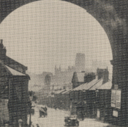 Looking down North Road from the railway viaduct towards Framwellgate Bridge, Durham city (D/CL 27/277/1547)