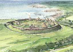 Reconstruction of Howick Iron Age settlement. Drawn by Terry Ball.