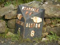 Milepost, A689, west of Park Level Mine, Killhope showing 8 to Alston 2016