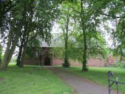 Church of St. Edmund, Bearpark- entrance door along path, oblique view 2017