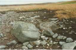 Photograph of a cup-marked boulder and surrounding landscape, Eel Hill North, Barningham Moor 1980-1997