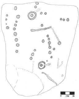 Illustration of a complex linear-patterned cup-and-ring-marked boulder, Loups' Hill 1980-1997