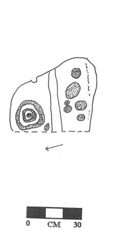 Illustration of a cup-and-ring marked and cup-marked boulder, Scale Knoll, Barningham Moor 1980-1997