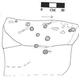 Illustration of a cup-marked boulder, within rubble walling, Barningham Moor 1980-1997